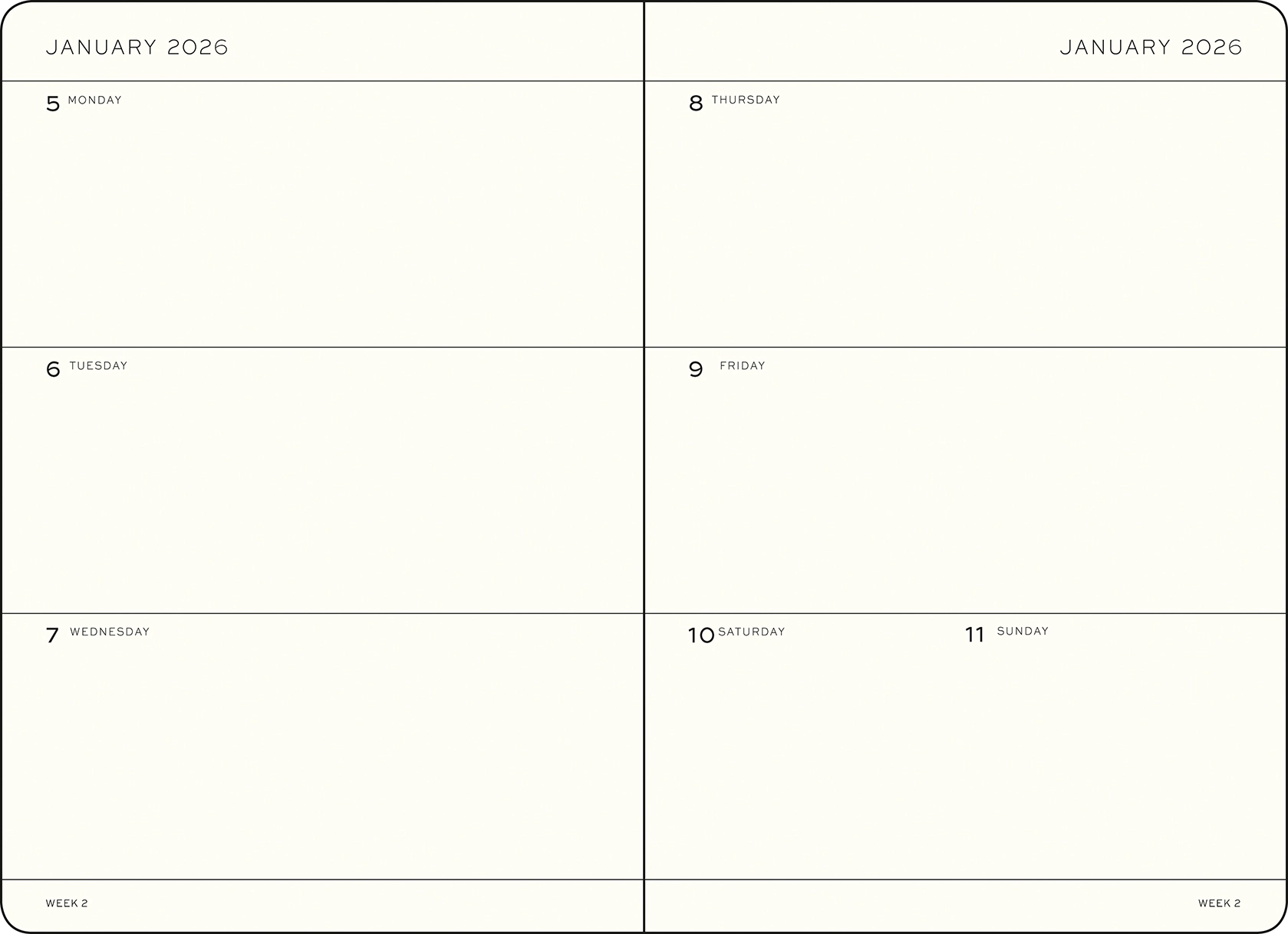 Vista semanal de una agenda en inglés enero de 2026 con campos diarios amplios y semana indicada.